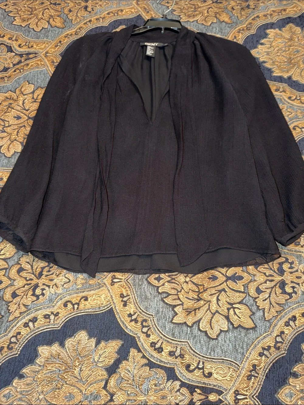 DKNY Black Sheer Tie-Neck Shirt and Skirt